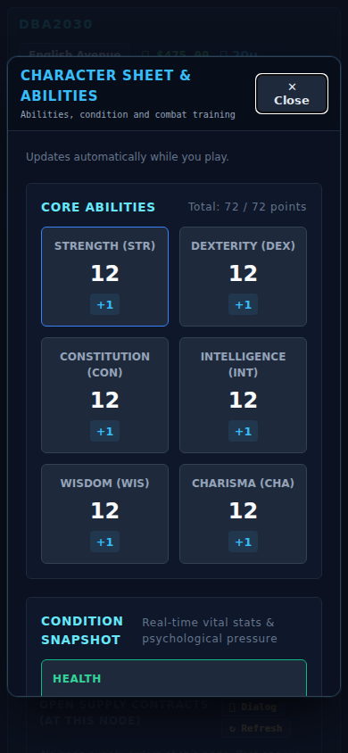 DBA2030 character sheet on a phone: six core abilities and condition