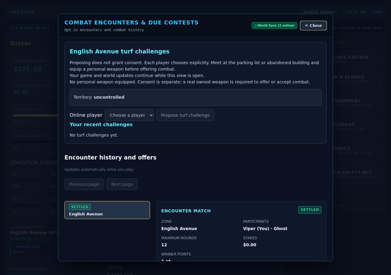 DBA2030 encounters view: opt-in challenges and a settled match