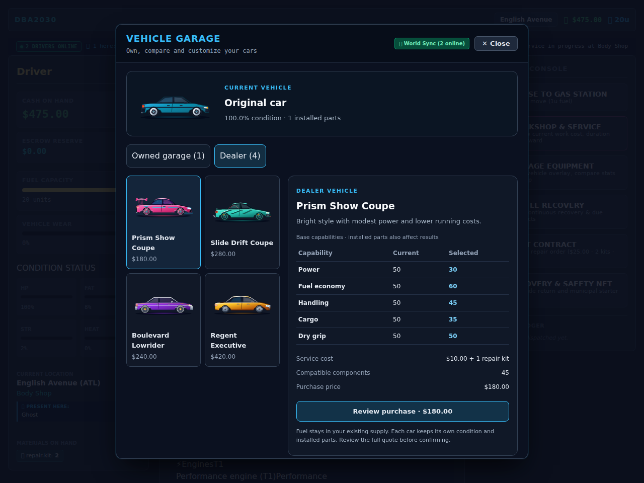 DBA2030 vehicle garage: the four dealer cars, with the Prism Show Coupe capability table
