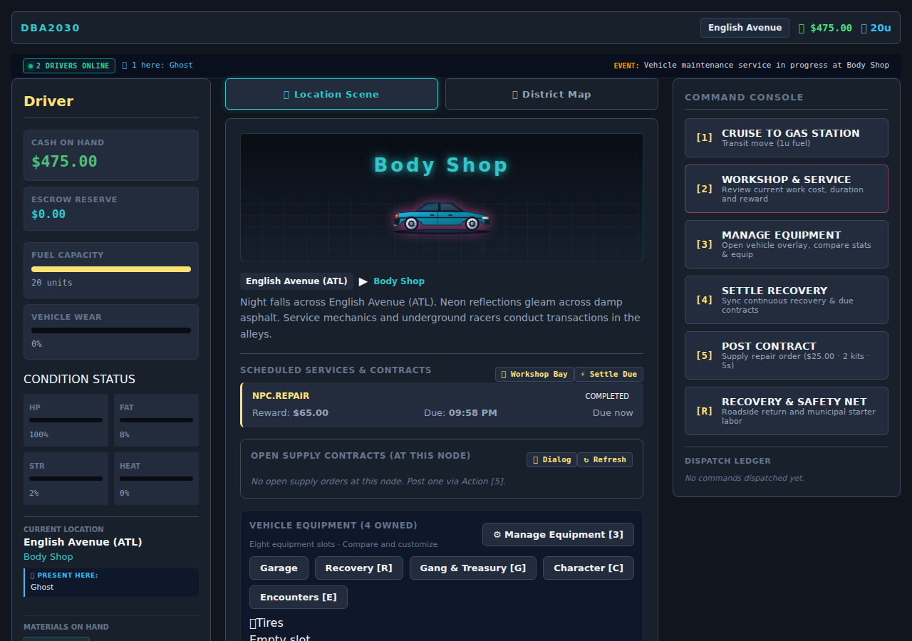DBA2030 desktop play view at a body shop: cash, condition, scheduled contracts and the command console